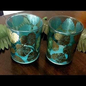 Gold and Teal palm leaves, glass candle holders